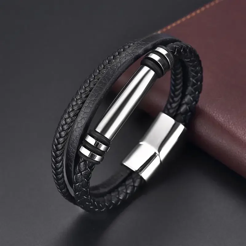 Fashion stainless steel men's leather bracelet magnetic clasp braided mutilayer leather bracelet punk rock bangles jewelry gift