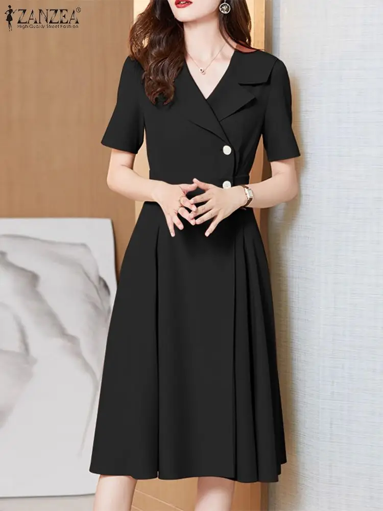 

ZANZEA Summer Fashion Lapel Neck Dress Woman Short Sleeve Party Dresses OL Office Sundress Elegant A Line Solid Color Vestidos