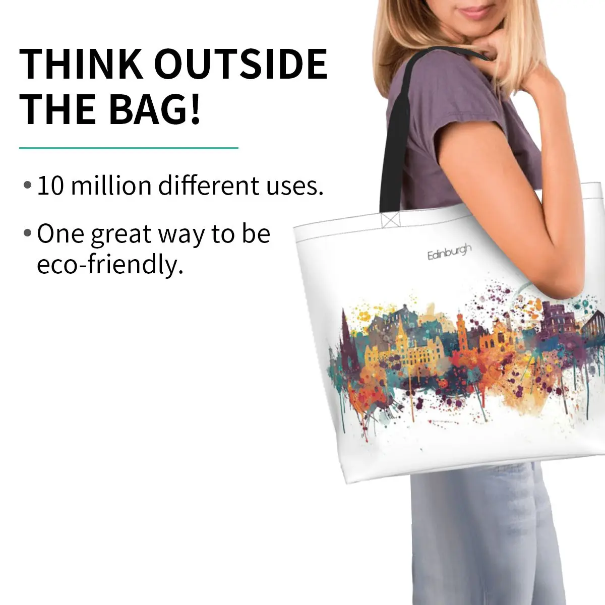 Edinburgh Watercolour Skyline Shopping Tote Bag Canvas Large Capacity Shoulder Bags Shopper Grocery Handbag for Women