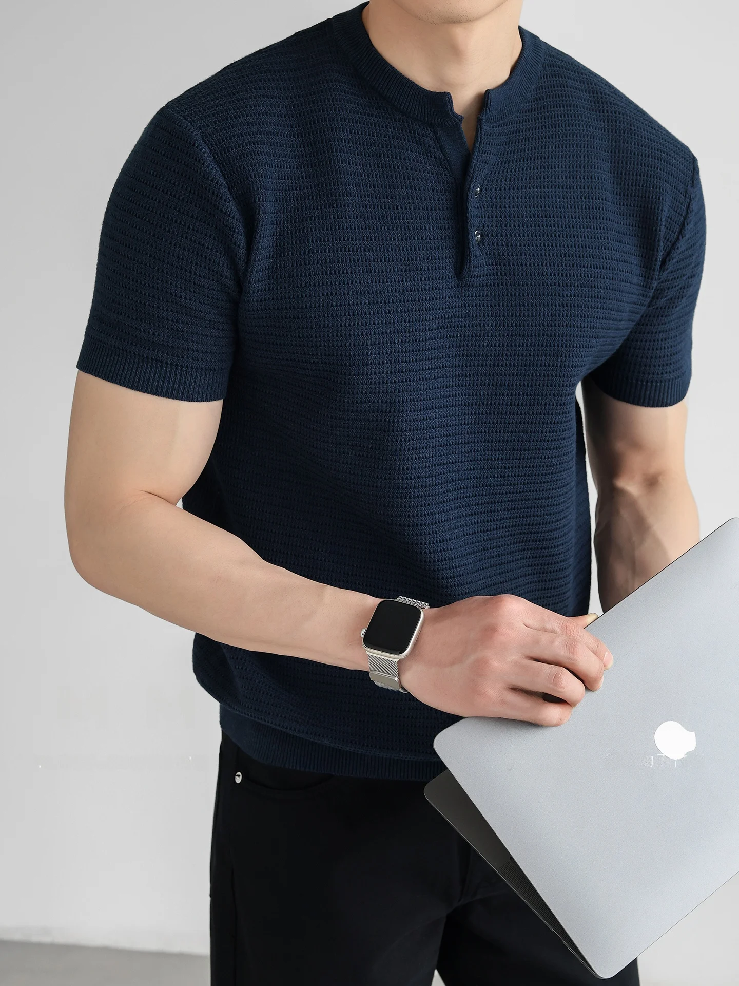Italian Style Breathable Pineapple Pattern Knitted Short Sleeve Henry Collar Men's T-Shirt Summer Casual Commute Comfortable Fit