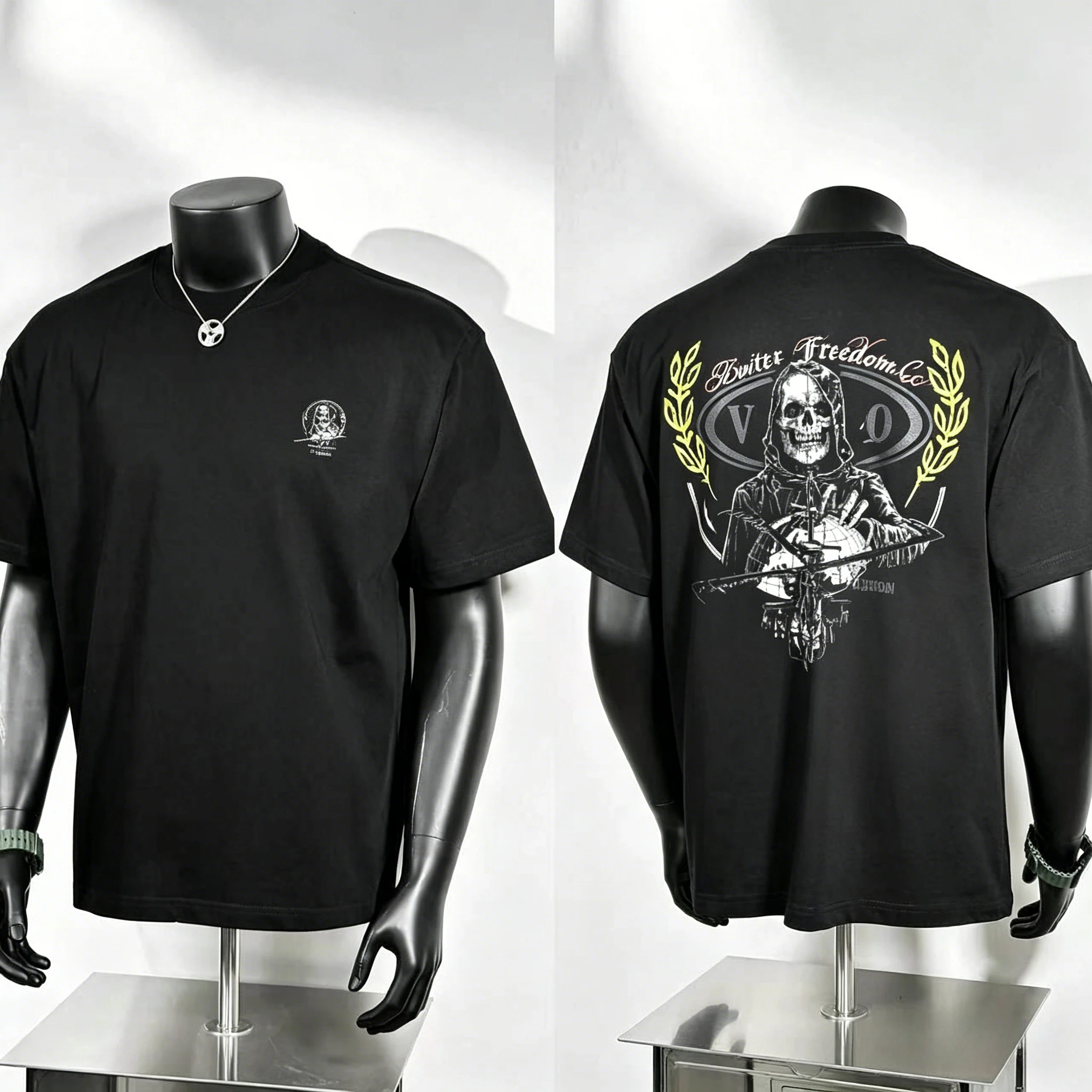 Vintage Laurel Badge T Shirt, Bitter Freedom Co Cursive Font Surrounding Hooded Skull Globe, Gothic Tactical Street Tee