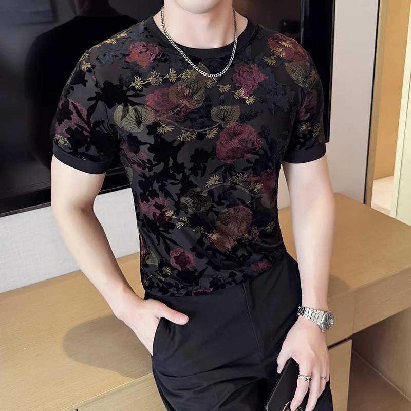 Chinese Retro Jacquard Flocking T-shirt Men's Summer Thin Comfortable Cool Breathable Mesh Hollowed-out Short Sleevet T-shirts
