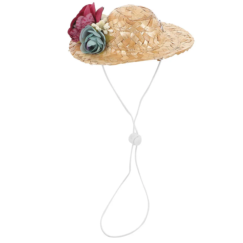 

Pet Straw Hat Dog Sombrero Sun Cap for Small Pets Handmade Woven Design with Fake Flower Decorative Party Photo Prop Accessory