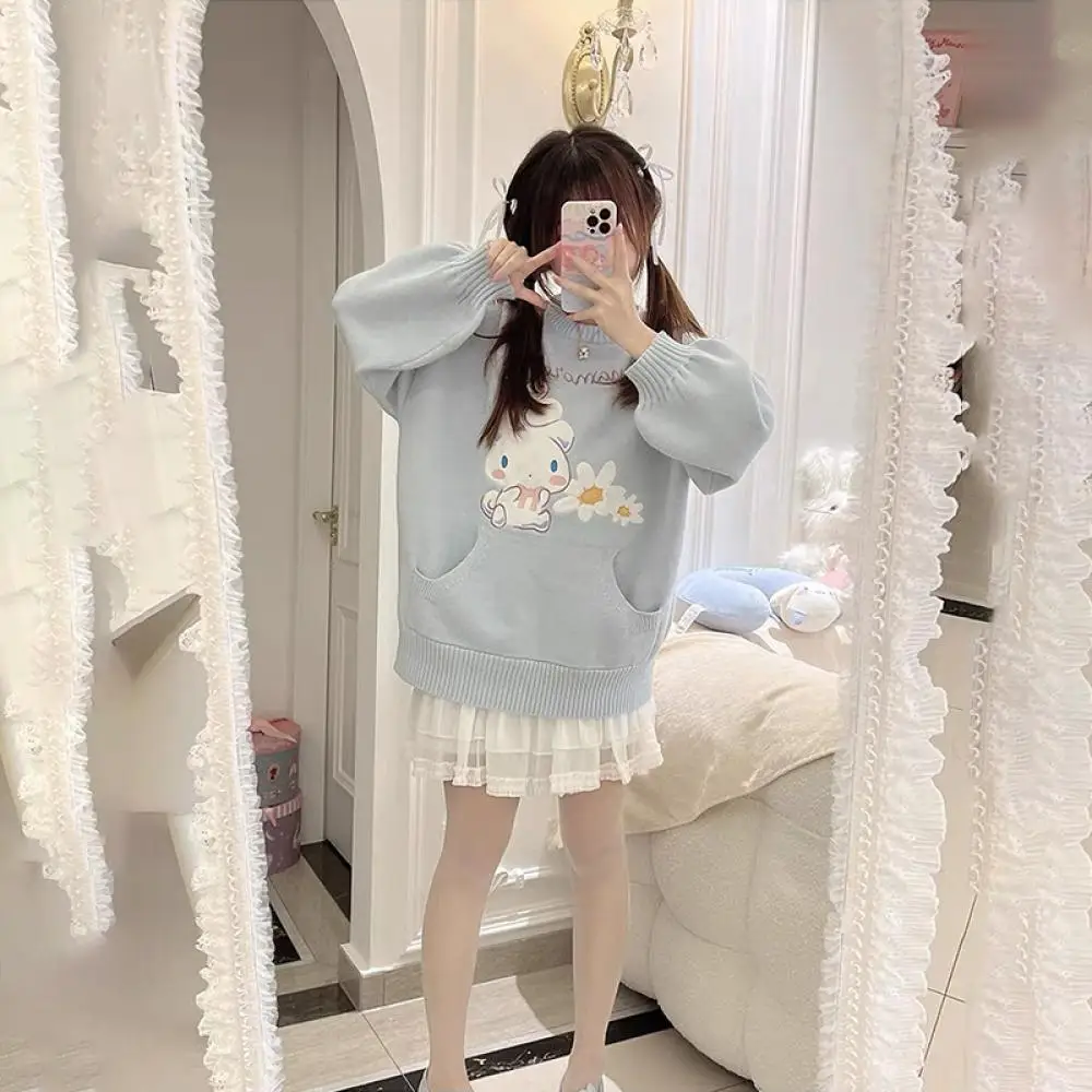 Anime Sanrio Cinnamoroll Girl Embroidery Sweater Spring Autumn Cartoon Cute Loose and Sweet Knitted Tops Long Sleeves Gifts