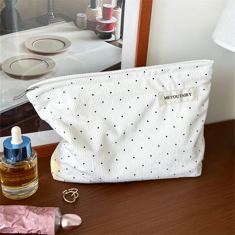 Ins Simple Small Polka Dot Corduroy Makeup Storage Bag Fabric Handbag Portable Travel Cosmetic Sundries Storage Pouch Case