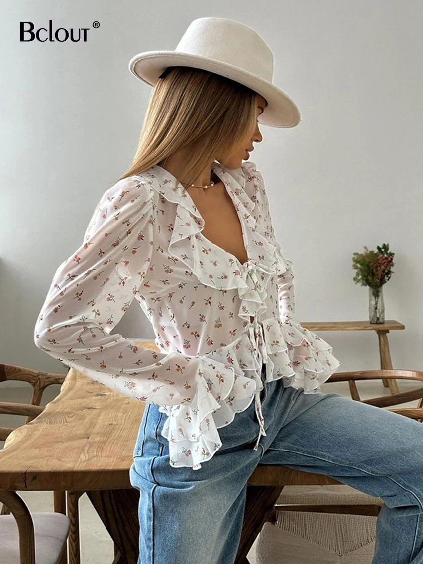 Bclout Fashion Print White Shirts Blouses Elegant Flare Sleeve Transparent Sexy Blouses V-Neck Lace-Up Thin Shirts Tops Vintage