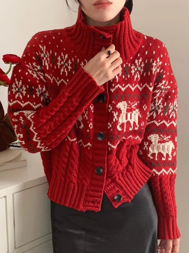 

Korobov зимний корейский однобортный жаккардовый свитер с воротником-стойкой и длинными рукавами, женские джемперы