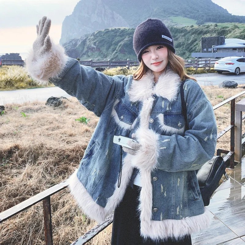 

Women's winter jacket Lamb Wool Patchwork Denim coat Warm Padding Thick Fuzzy Top loose Woman clothes