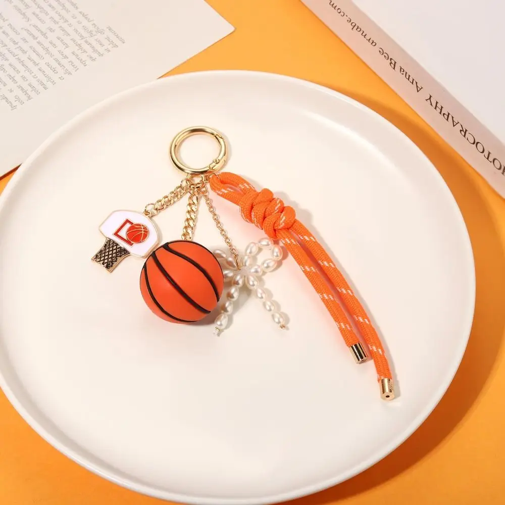 Stylish Nylon Rope Sports Ball Charm Sports Theme Pearl Bow Handbag Charm Braided Cord Enamel-Like Purse Keychain Charm Car Keys