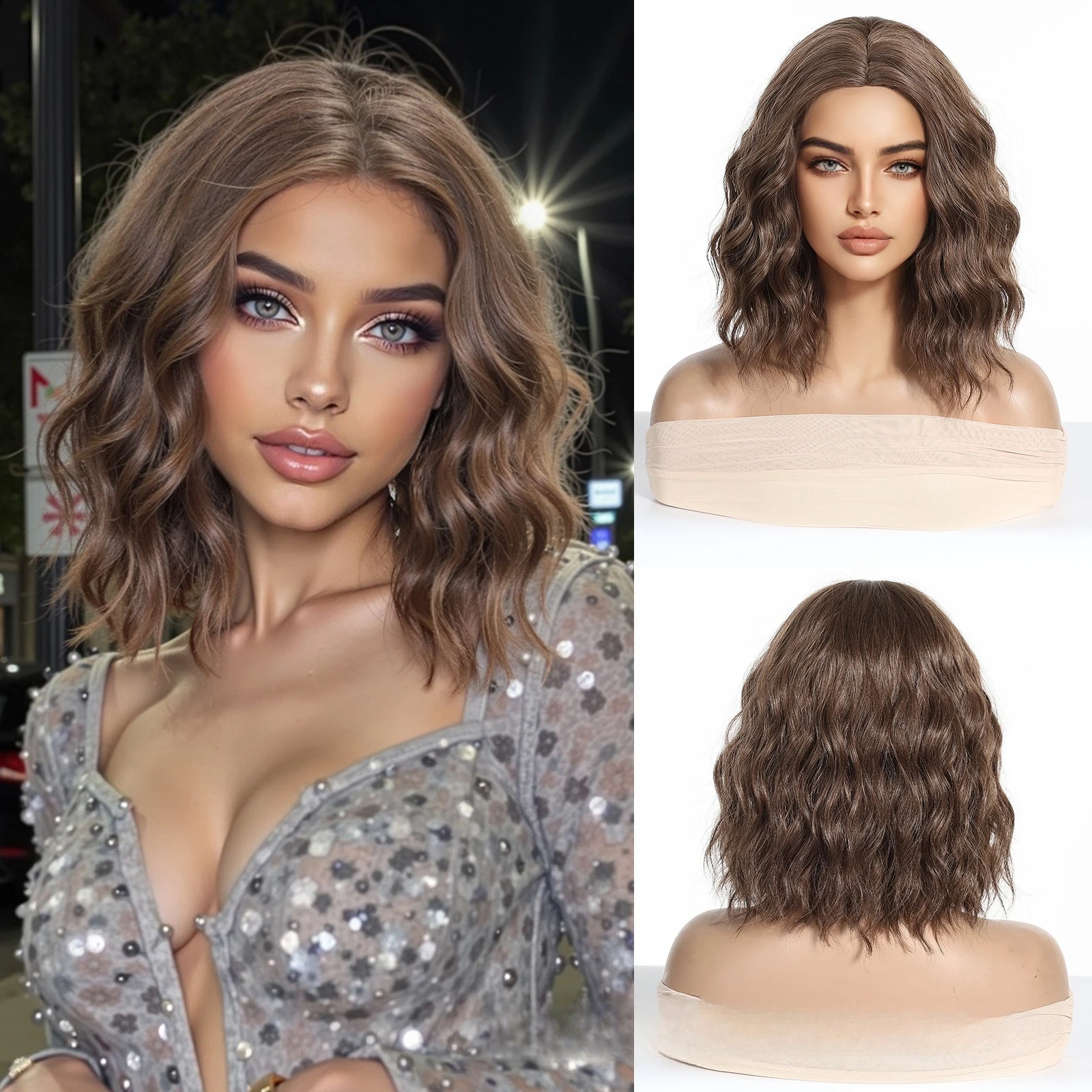 European Fashion Women Full Head Wigs, Middle Part Short Egg Roll Wig, Natural Water Wave Daily Hairstyle Easy To Style