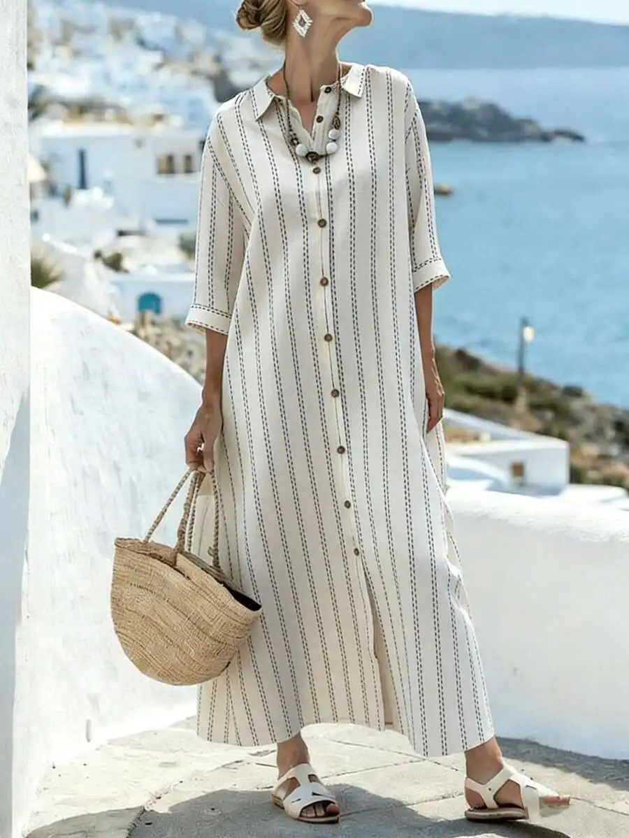 

Minimalist White Black Pinstripe Shirt Dress Mid-Sleeve Button Up Loose Fit Casual Summer Vacation Dress