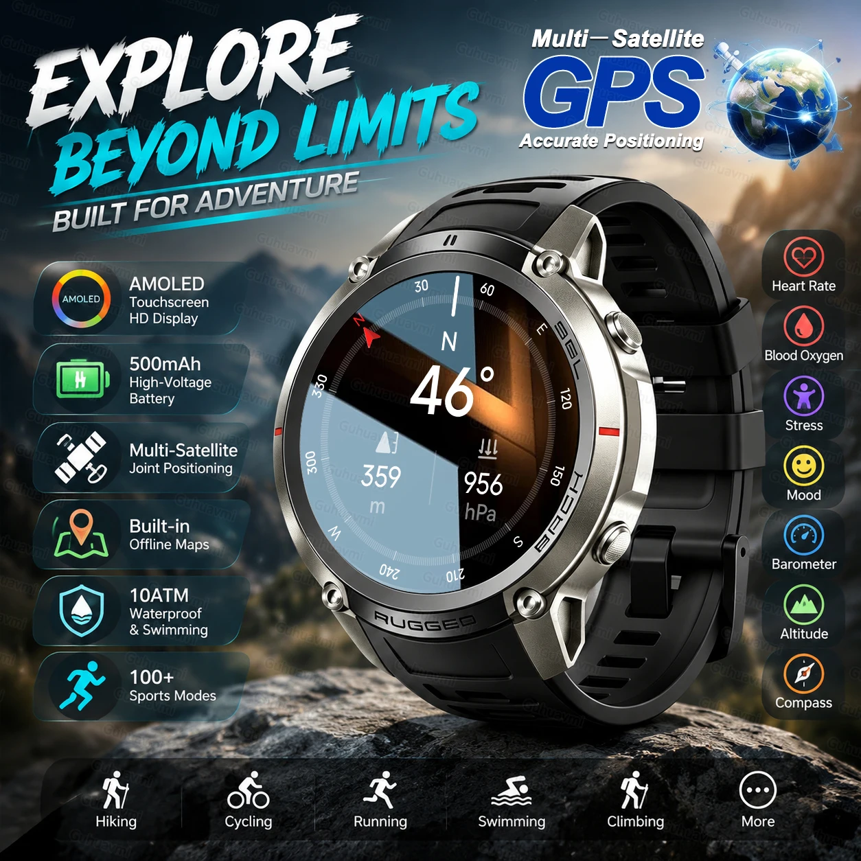 

GPS Watch Professional Sports Waterproof Smart Watch with GPS offline map Heart Rate Blood Oxygen Sleep GPS tracking SmartWatch
