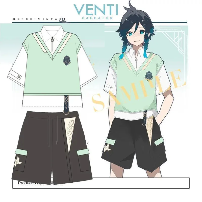 

Футболка и шорты для косплея Venti, топы Genshin Impact, комплект брюк, костюм Venti с короткими рукавами, летняя уличная спортивная одежда, футболка
