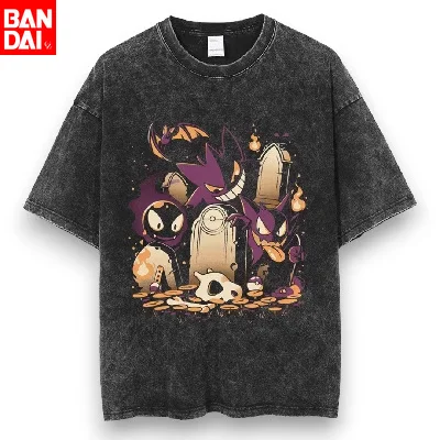 

Мужская футболка с принтом Pokemon Gastly Haunter Gengar Graveyard, летняя, винтажная, с эффектом кислотной стирки, оверсайз, в стиле аниме, уличная одежда, Харадзюку, 2026