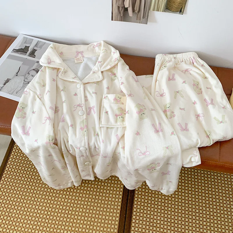 Pijamas de mujer Otoño Invierno nuevo modelo ropa de dormir cómoda cárdigan de manga larga pijama de algodón grueso traje para casa que mantiene el calor