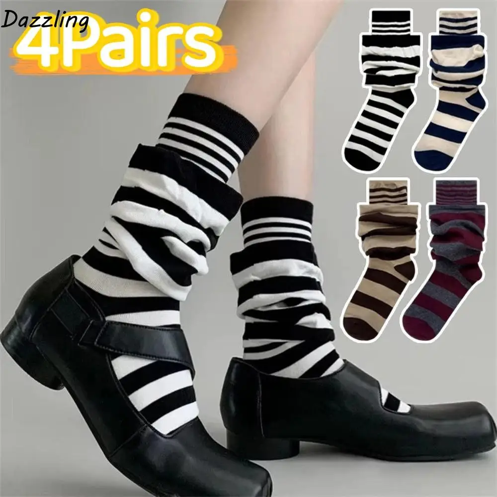 

4Pairs Fake Two Piece Ruffle Stripe Stocking Warm Patchwork Striped Pile Socks Loose Comfortable Mid-tube Socks Daily Wear