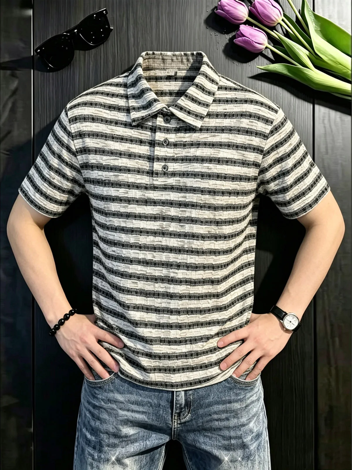 Classic Knitted Stripe Short Sleeve  Shirt Men's Summer Lightweight Comfortable Breathable High-End Feeling Shoulder T-Shirt