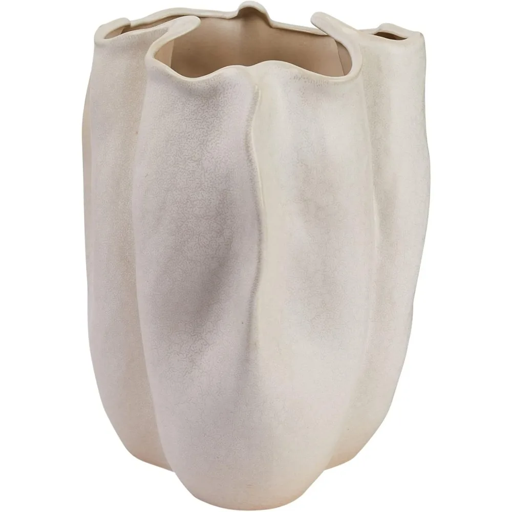 Decorative organic shaped coarse pottery vase, matte cream