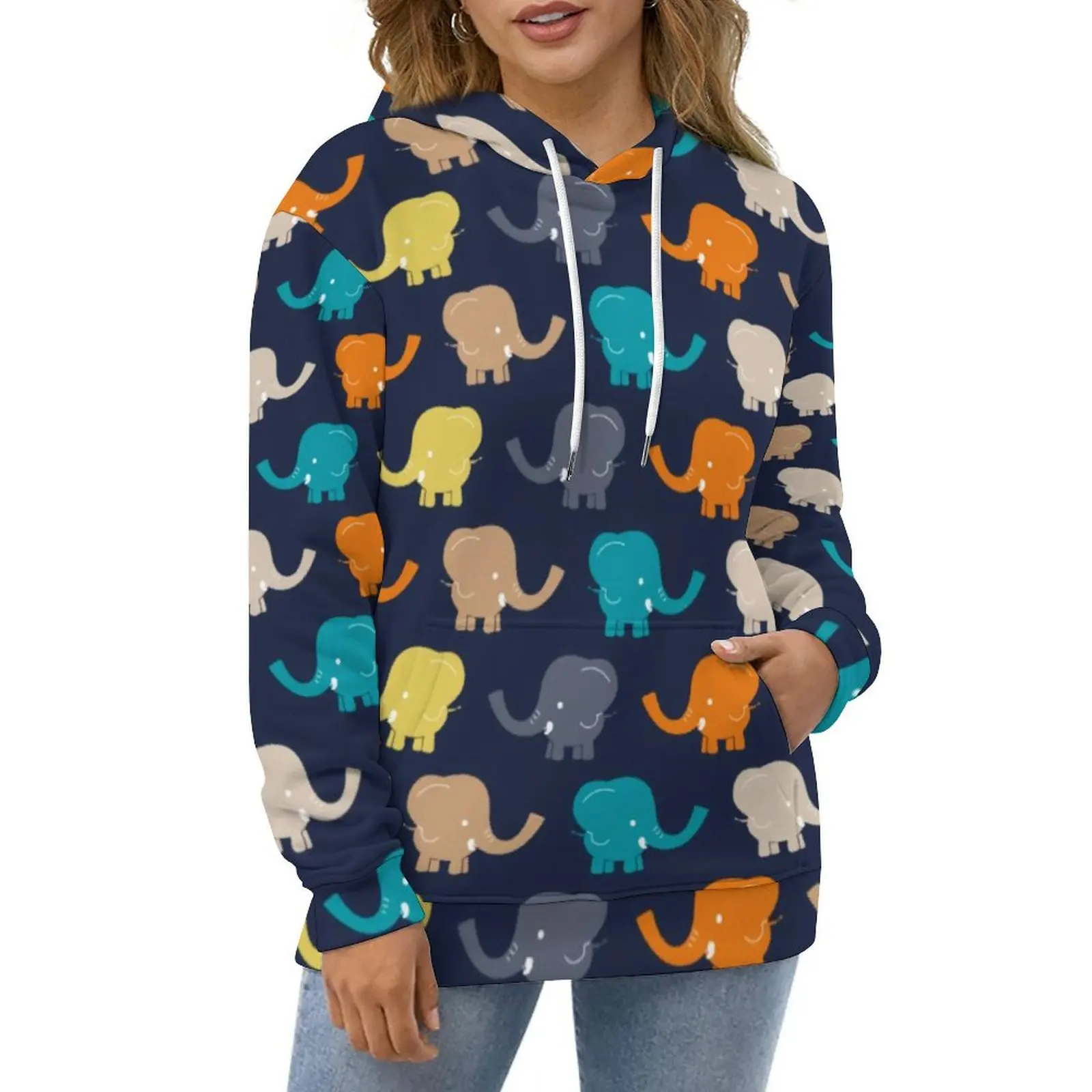 

Cartoon Elephant Casual Hoodies Colorful Animal Print Modern Hoodie Women Long Sleeve Street Wear Printed Loose Oversize Top