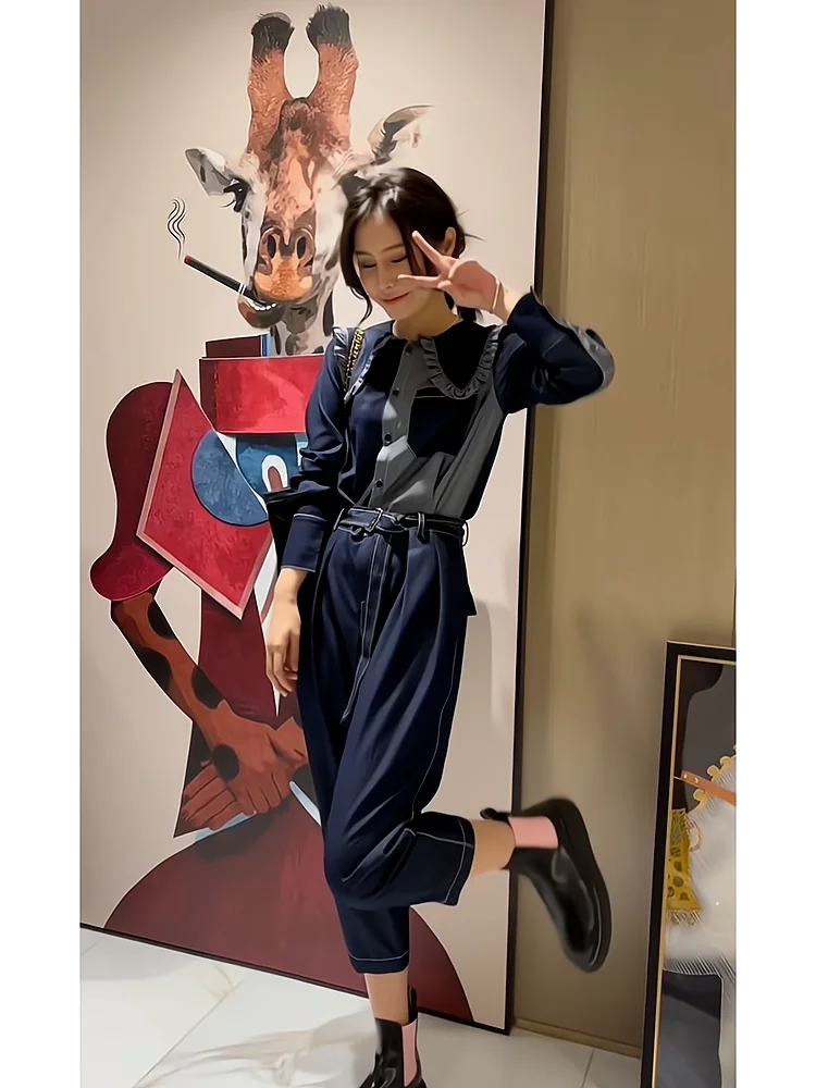 

Повседневный джинсовый комбинезон для женщин с воротником-стойкой из шелкового материала, весна-осень, новинка, китайское производство, брюки-комбинезон из девяти частей