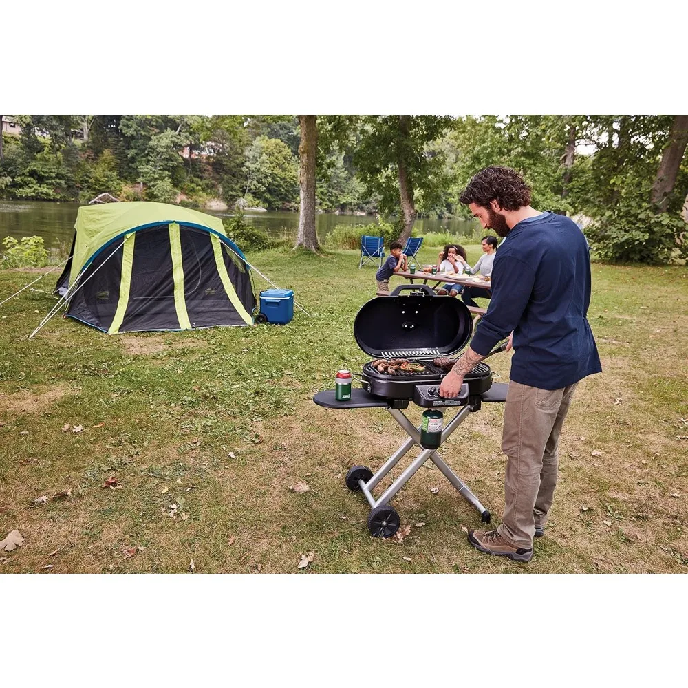 Portable Stand-Up Propane Grill, Gas Grill with 3 Adjustable Burners &Push-Button Ignition; Great for Camping