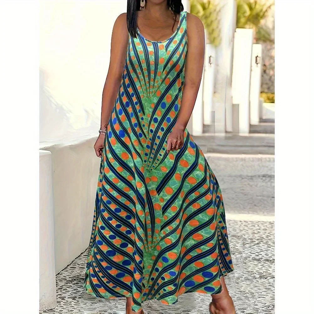 

Повседневное женское платье без рукавов с изогнутым геометрическим принтом