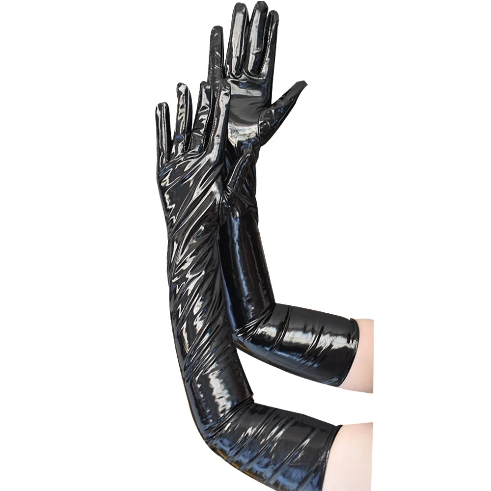 Adult Sexy Long Black Latex Gloves Metallic Wet Look Faux Leather Gloves Clubwear Dance Catsuit Cosplay Accessory Mittens
