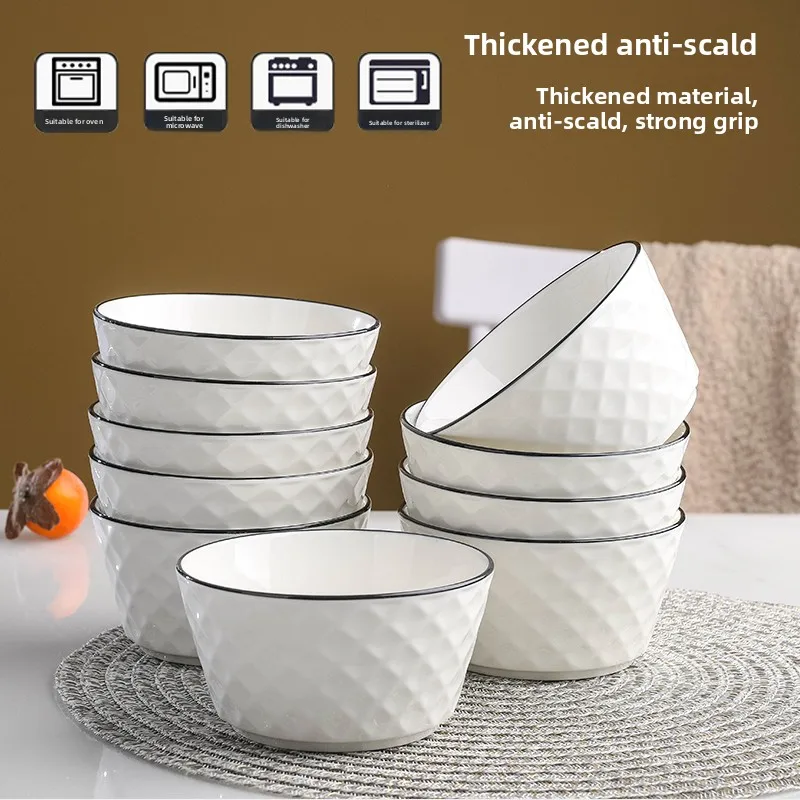 

Simple Black Line Rice Bowl Set of 210 for Home Use round Shape Porcelain Dinnerware Elegant Rose Diamond Design Salad Bowl