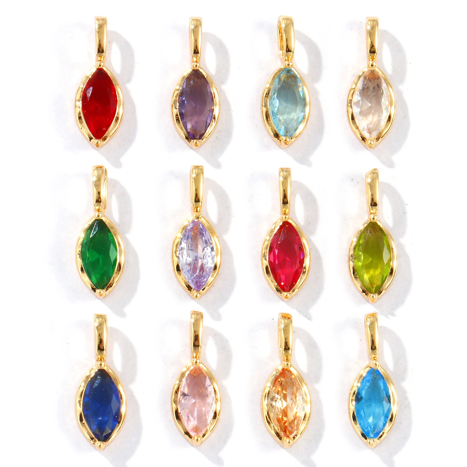 2 Pcs Olive Shaped Brass & Rhinestone Birthstone Charms 18K Gold Plated Pendants For DIY Necklace Jewelry Making 15mm X 5.5mm