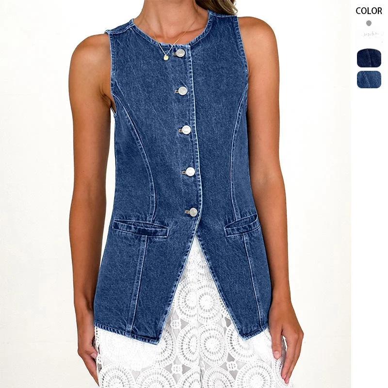 

Retro Faion round Ne Svel Waist Cinched Denim Vest Independent Station Women's Vest Cotton Summer Season
