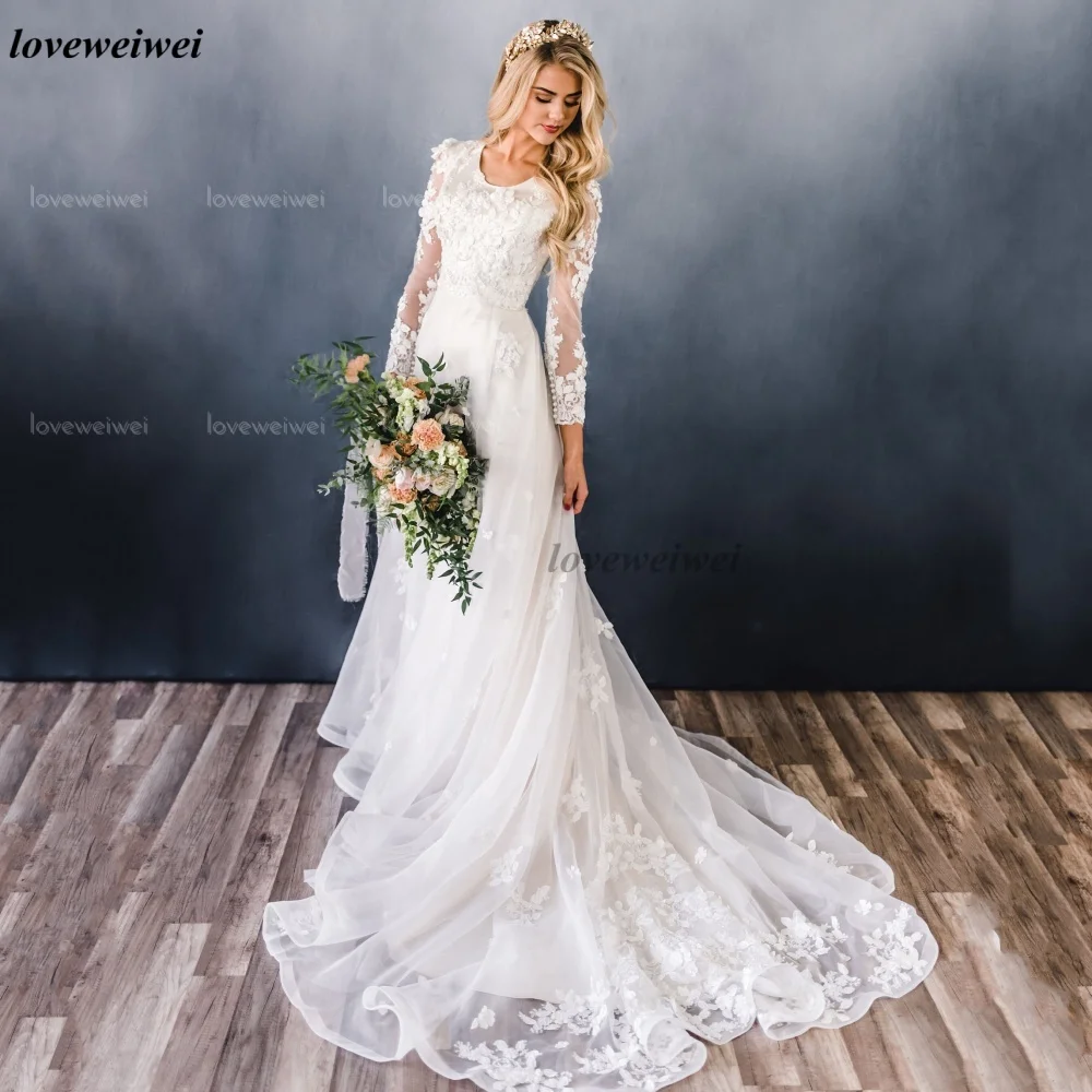 Customized Wedding Dress A Line Appliques Bride Dresses Long Sleeve O Neck Bridal Gowns Elegant Vestidos De Novia