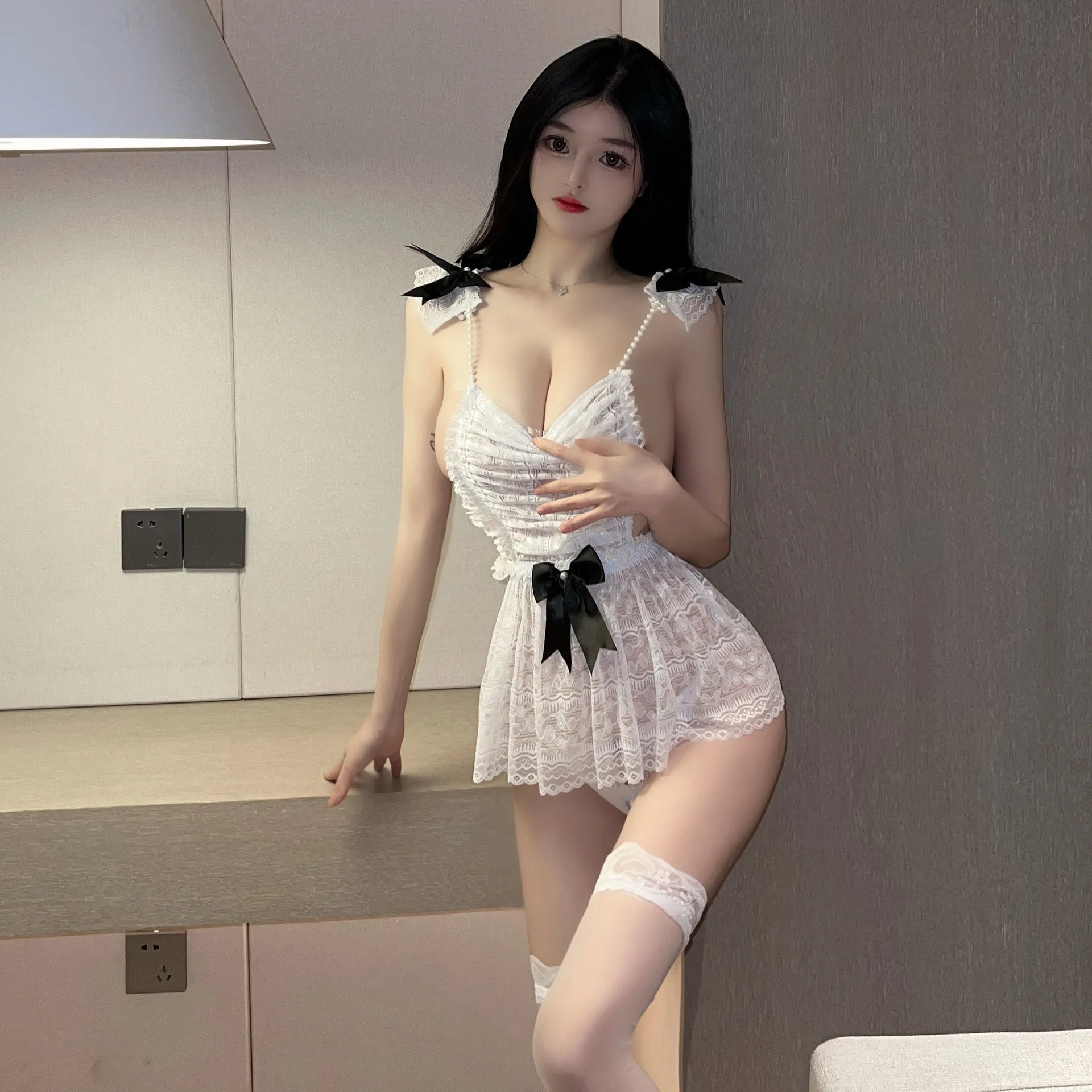 Sexy underwear female pure desire sexy hot onesie maid set hollow uniform lace Pure bow sexy nightdress