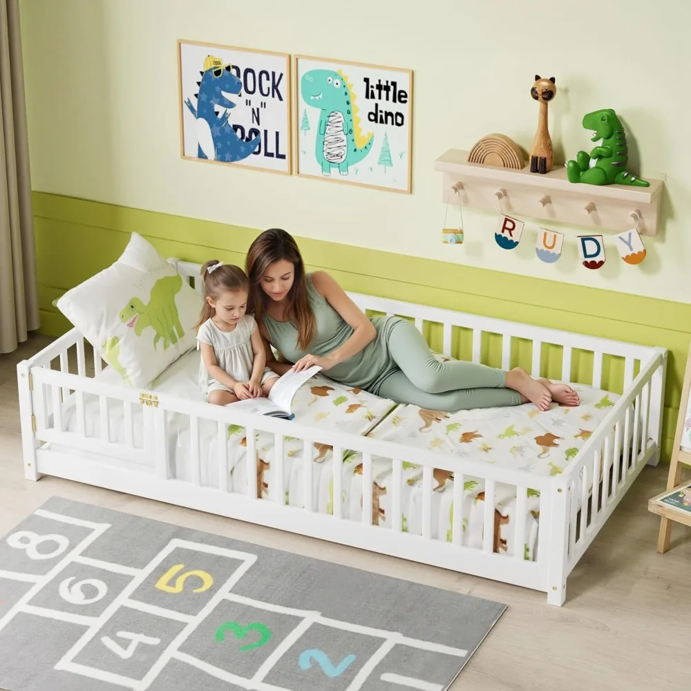 

Twin Floor Bed for Children, Sturdy Wood Montessori Bed Frame with Wood Slats, High Fence & Small Door, Montessori Floor