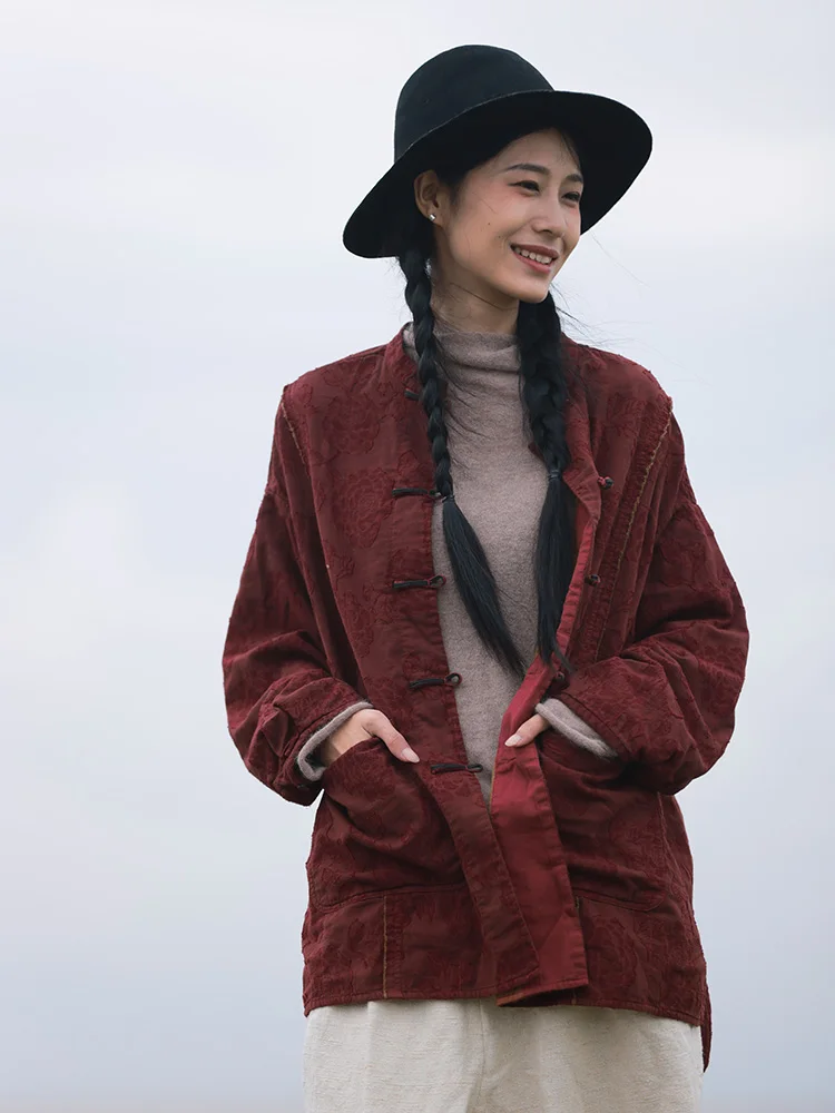 

k Red Cotton Linen Jaet with Button Hole Double Layered Chinese Sle Hidden Pattern Ladies Outerwear for Autumn Winter