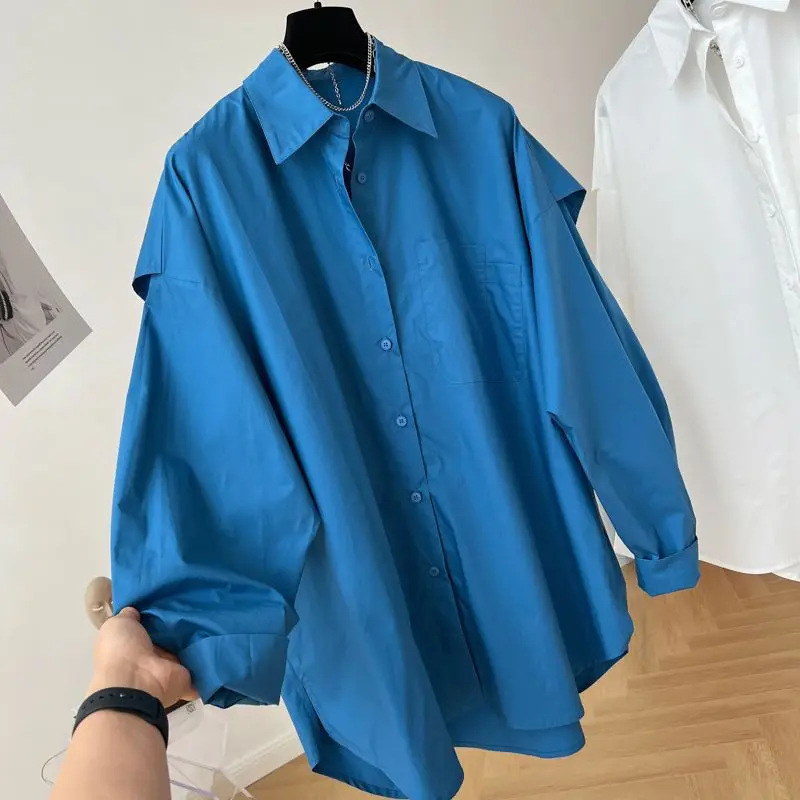 2024 New Summer Oversized Solid Color Korean Style Women\'s Shirt Lazy Style Folds Button Cotton Lapels Long Sleeve Y2K Chic Tops