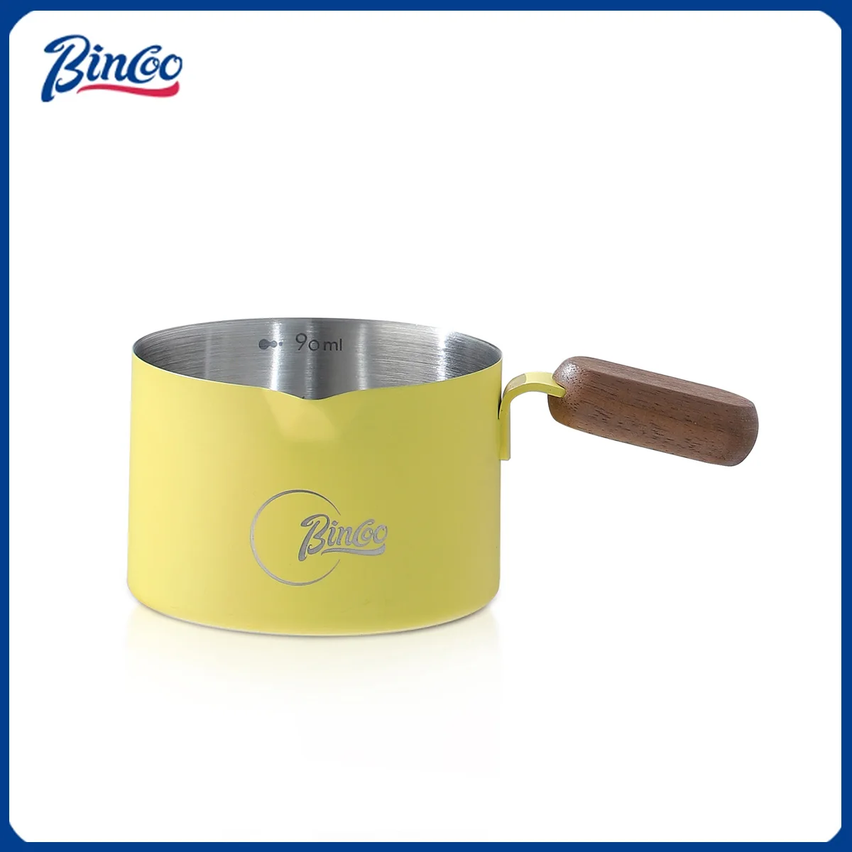 Taza medidora de café expreso de acero inoxidable Bincoo con mango de madera, taza de café expreso para extracción de café y espuma de leche Barista