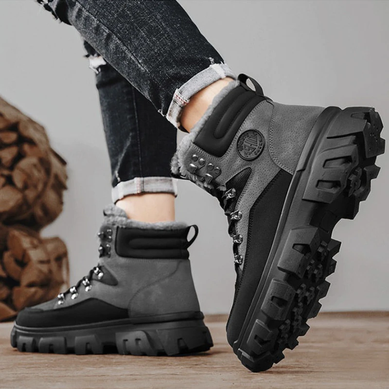 

2025 Winter New Men's AntiSlip ColorBlock HighTop QuiltedThickened Warm Snow Field Boots HeightIncreasing Cotton Footwear