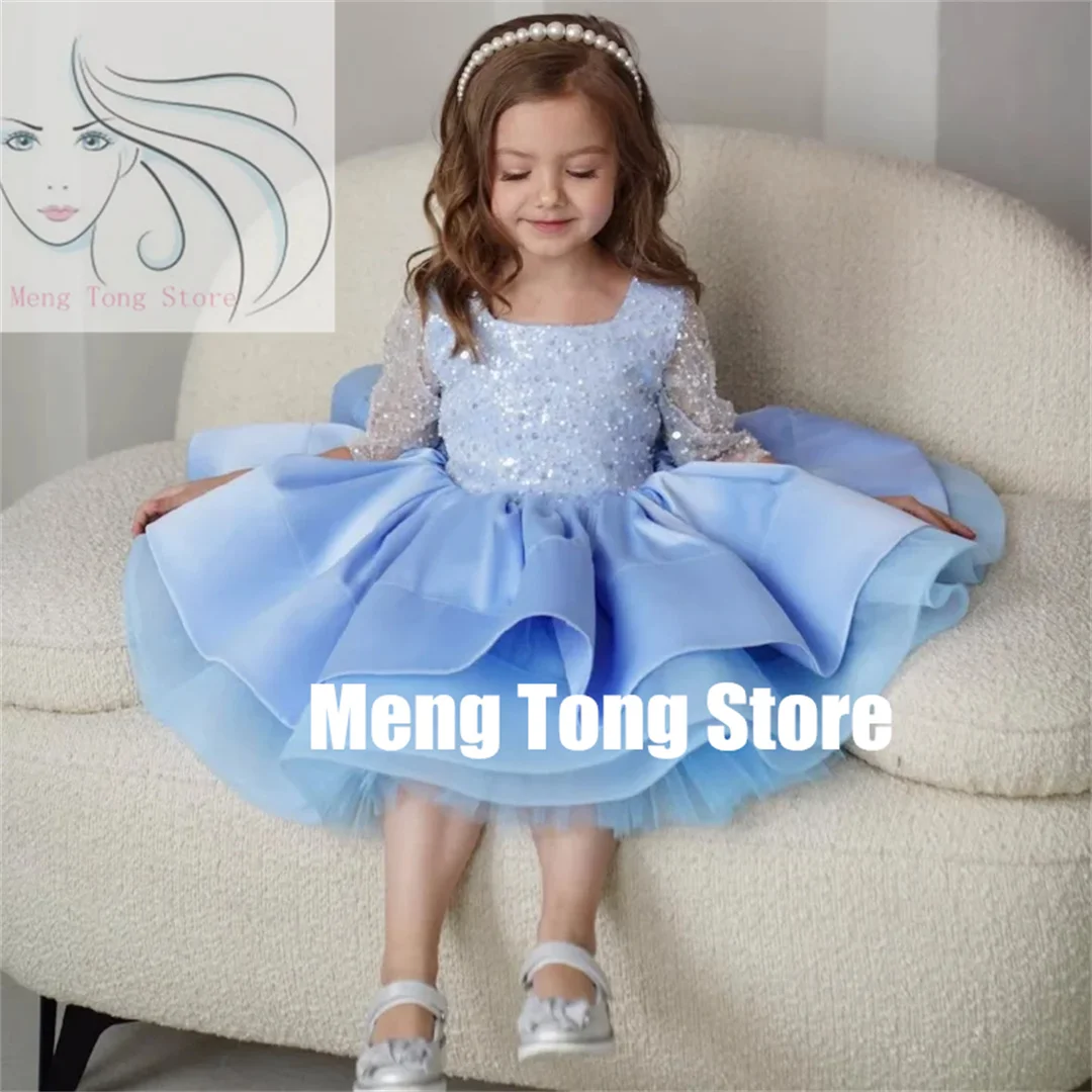 

Customized Flower Girl Dresses Satin Tulle Puffy Sequin With Bow Half Sleeve For Wedding Birthday Banquet Party First Communion