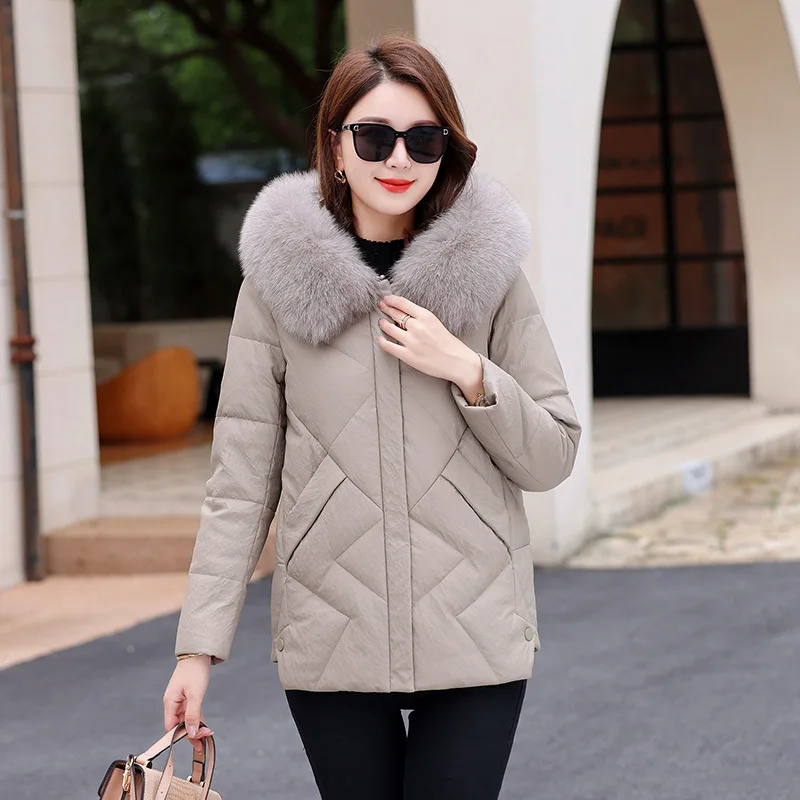 Short Thickened Leather Jacket for Women Winter White Duck Down Coat Women Loose Jackets Women's Fox Fur Collar Coat Veste Femme