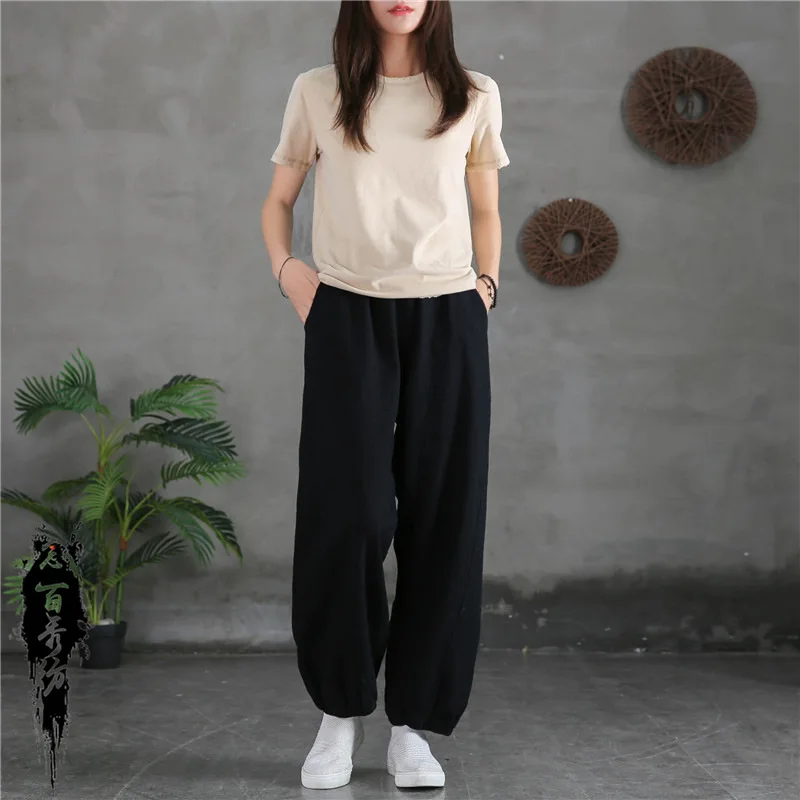 سراويل الخريف المصنوعة من القطن والكتان: سراويل حفل الشاي واسعة الساق مغسولة بالرمل #4