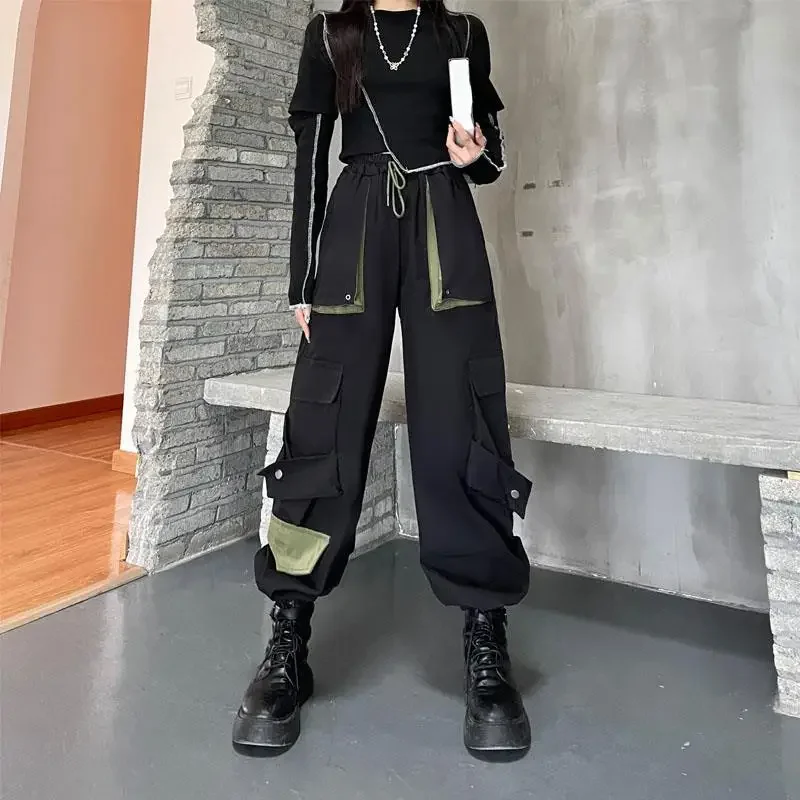 

Solid Color Patchwork Cargo Pants Women's High Waist Casual Pants Large Pockets Elastic Waist Sports Pants