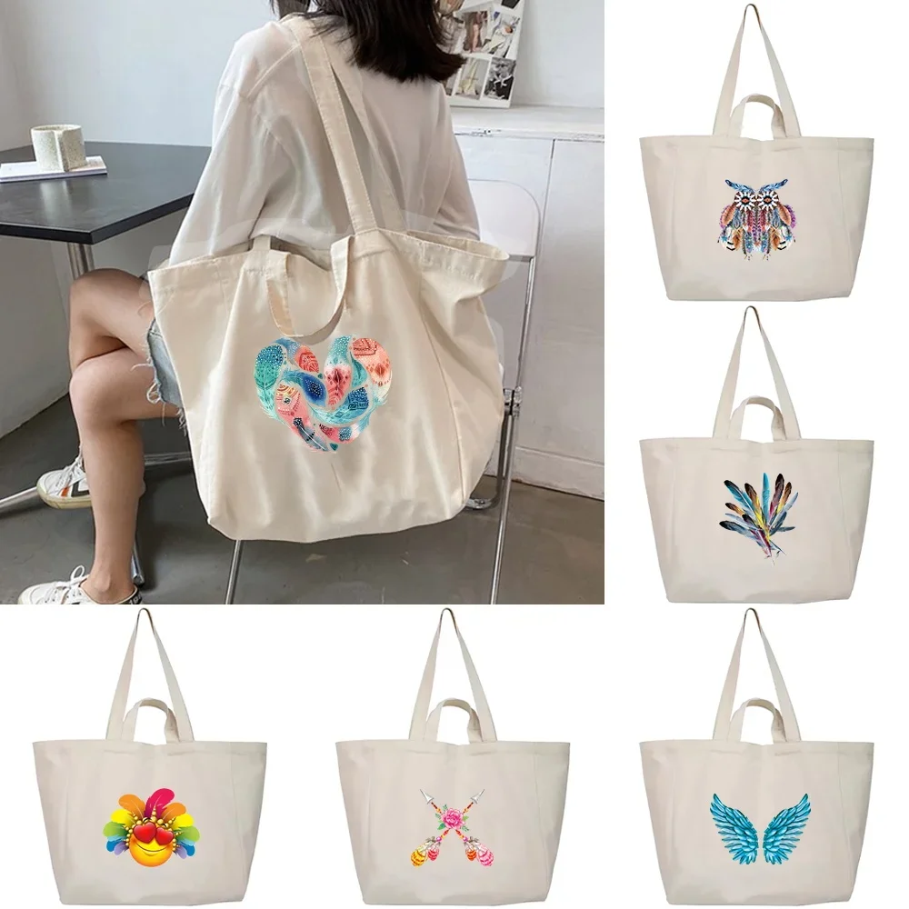 Shoulder Bags Handbag Women Canvas Shopping Bag Casual Travel Storage Packet Harajuku Portable Foldable Tote Pouch Feather Print