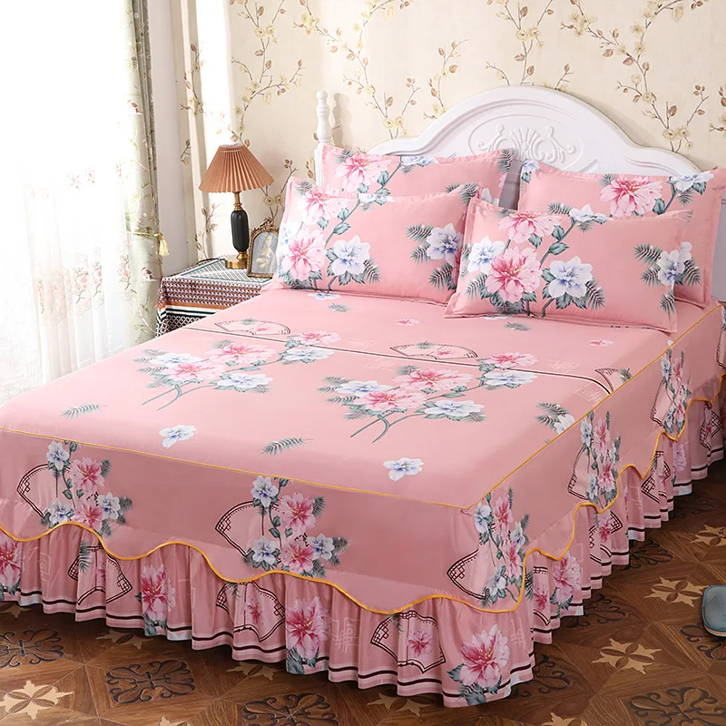 Home/Hotel Printed Single Bed Skirt Korean Style Lace Bed Sheet 3-Piece Set Bed Cover Simple Double Decorative Bed Skirt LH545