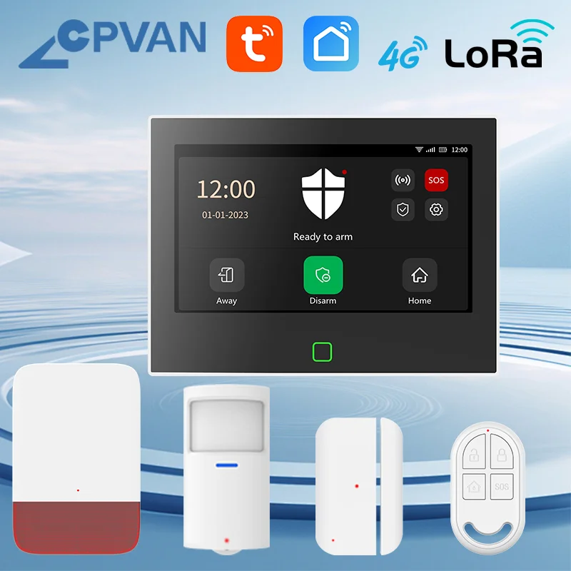 CPVAN Home Alarm System Wireless WiFi 4G LoRo version 7 inch Tuya smart Home burglar Security Alarm Kit Built-in 5000mAh Battery