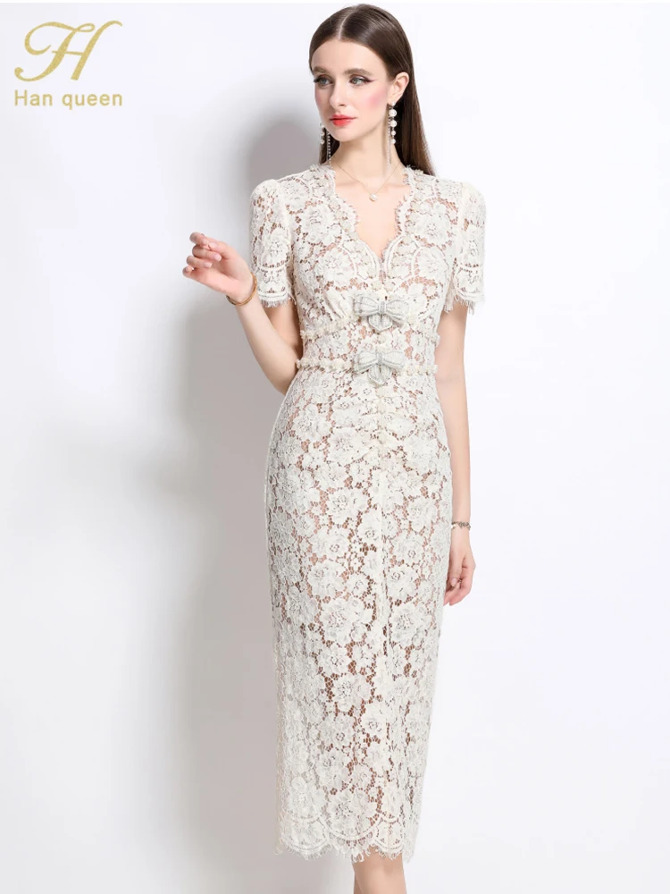H Han Queen Summer French style Retro Sexy Hollow out Short sleeved Lace  Dresses Casual Party Long Bead Slim Sheeth Pencil Dress - AliExpress  200000345