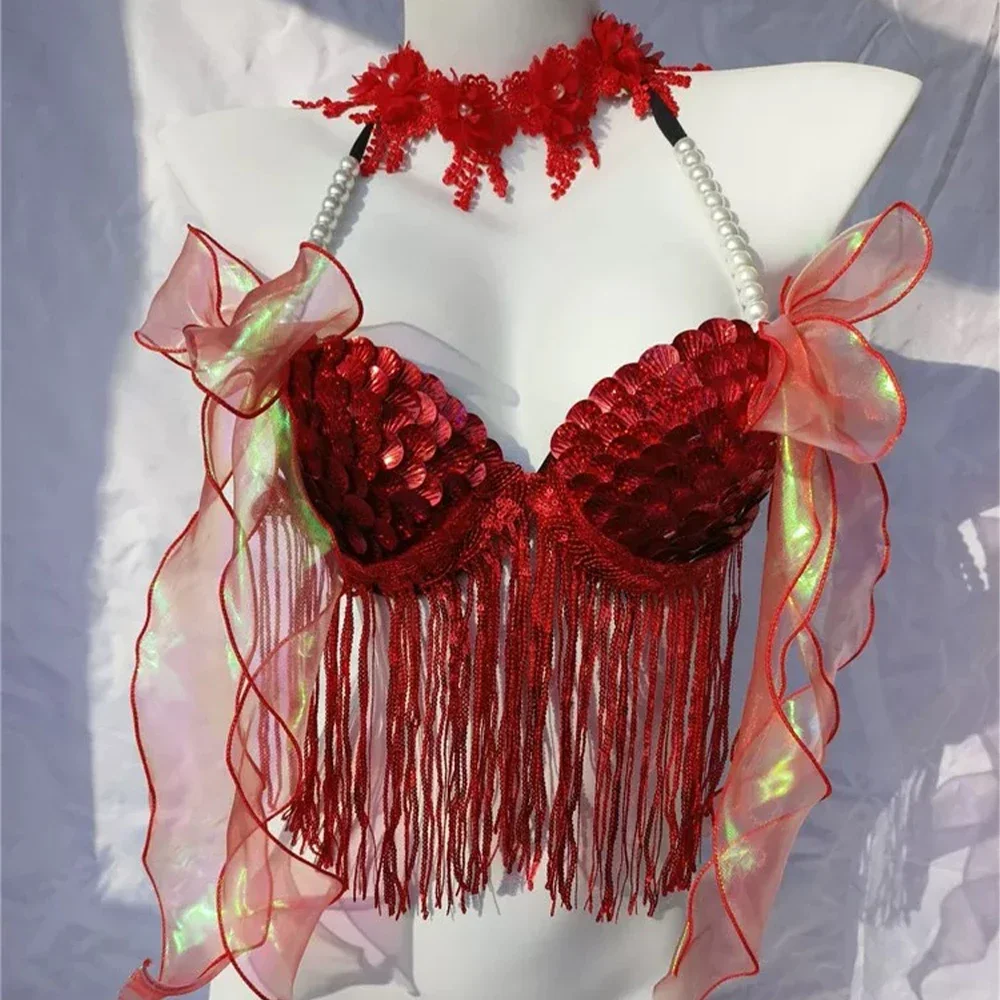 Women Bikini Top Bra Mermaid Sequin Shell Aquarium Bar Lolita Show Outfit Fishtail Leather Halloween Cosplay Costumes