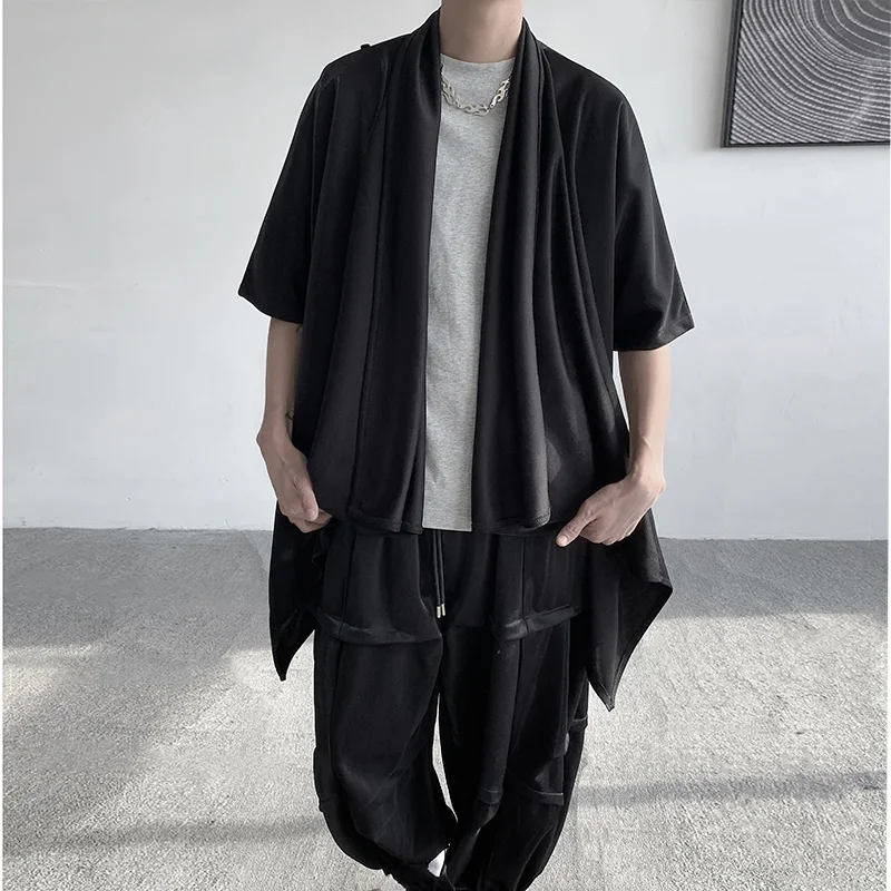 Summer Japanese Darkness Shirt Man Cardigan Harajuku Woman Black Coat Cloak Beach Shirt Obi Streetwear Loose Thin Outer