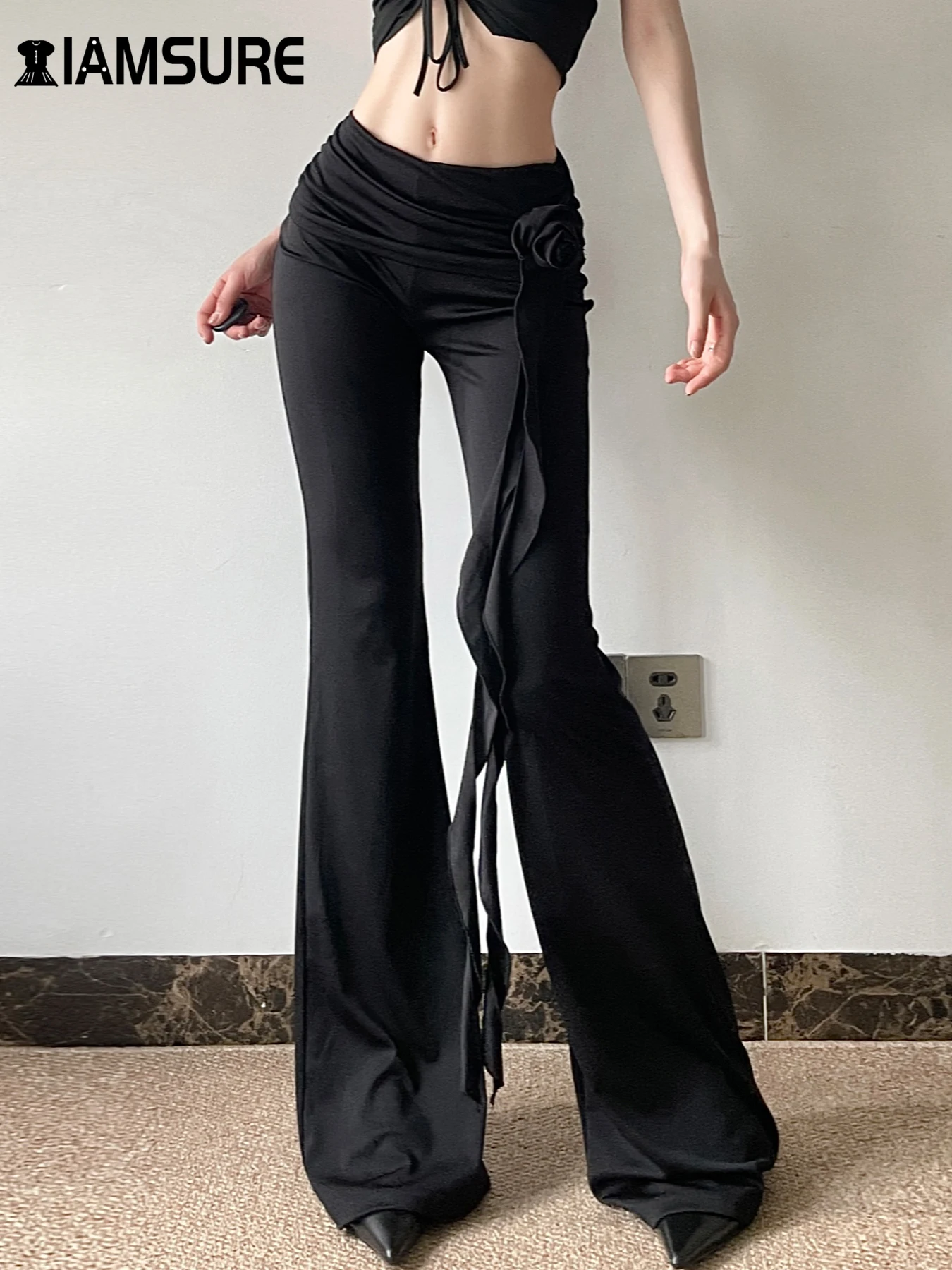 

IAMSURE Casual Slim Folds Tie Flower Ruffles Flare Pants Casual Sexy Solid Mid-Waisted Wide Leg Pants Women 2024 Summer Fashion