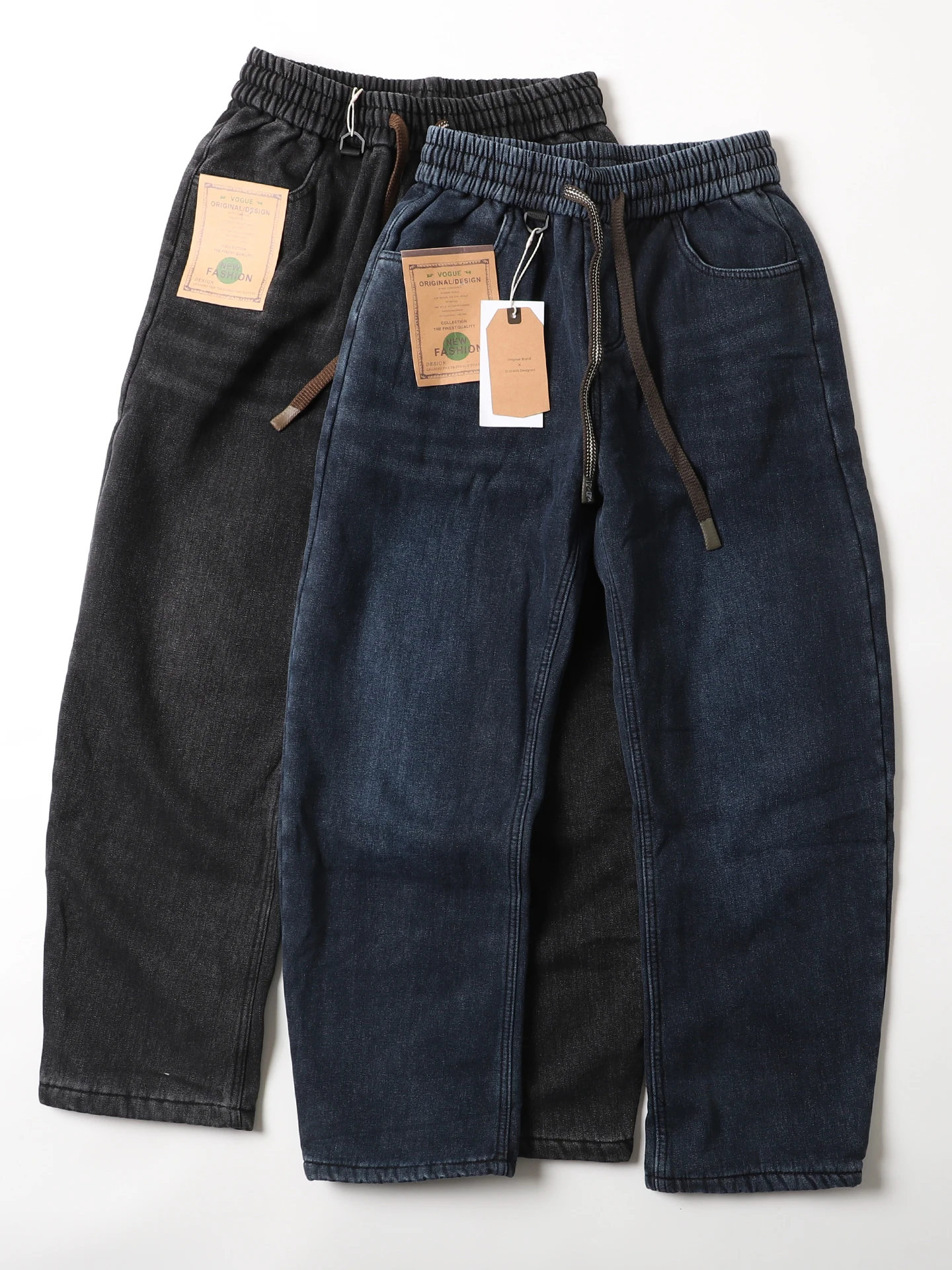 

American Sle Thiened Fce Lined Loose Fit Pure Cotton Denim Jeans Men's Casual Long Trousers Trendy Straight Leg Jeans