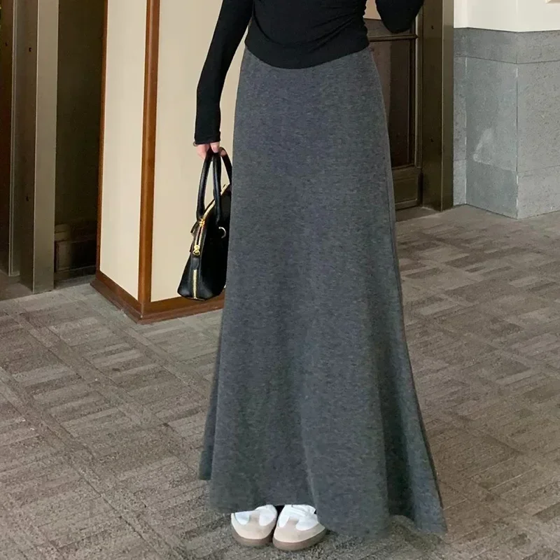 Lady Gray Knitted Hip Wrap Midi Skirts Girls Classic Fashion High Waist Dress Female Chic Solid Leisure Fish Tail Skirts